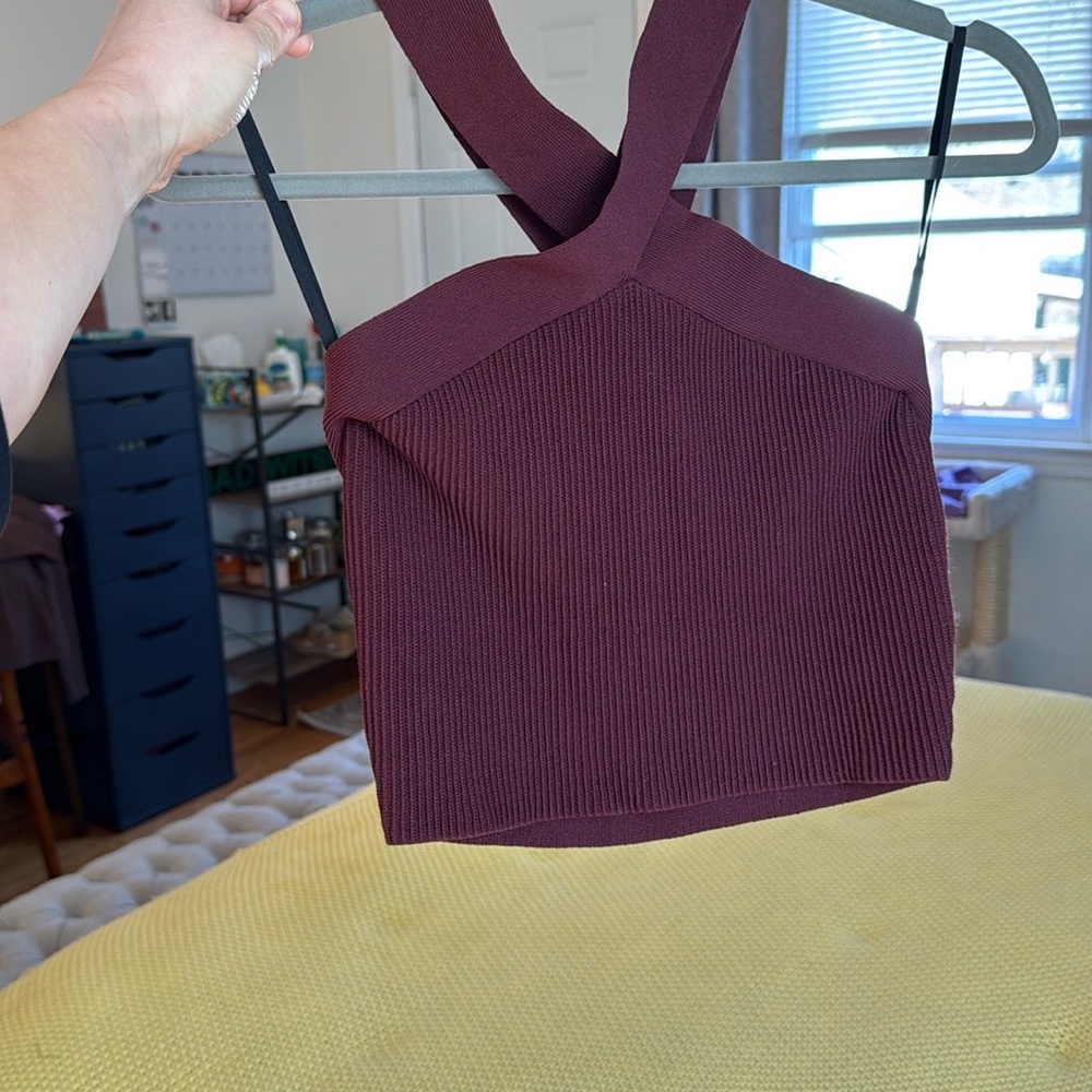 Aritzia Babaton Ribbed Halter Crop Top in Burgundy Size Medium